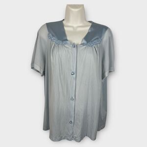 Vintage 1960s Blue Vanity Fair Nylon Sleep Shirt Night Shirt Floral Collar Large